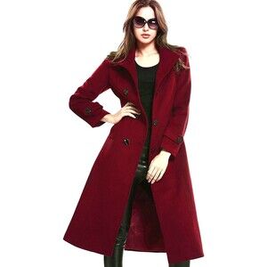Escalier Women's Wool Blend Winter Coat w/Belt - Double-Breasted Size L Wine Red